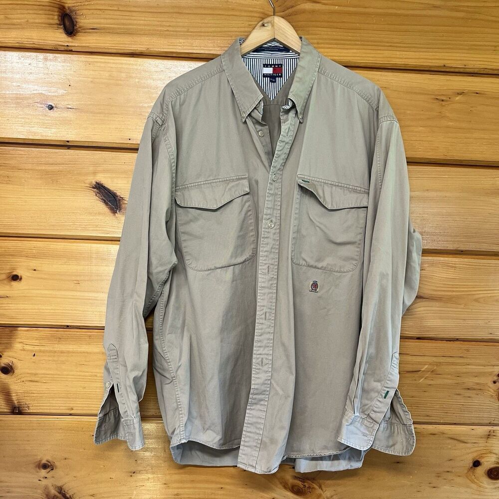 VTG Tommy Hilfiger Men's Long Sleeve Button Down 2 Pocket Shirt, Xl